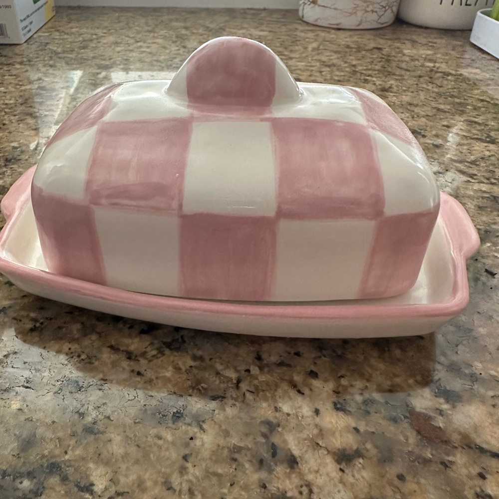 Vaisselle Pink and White Checkered Butter Dish